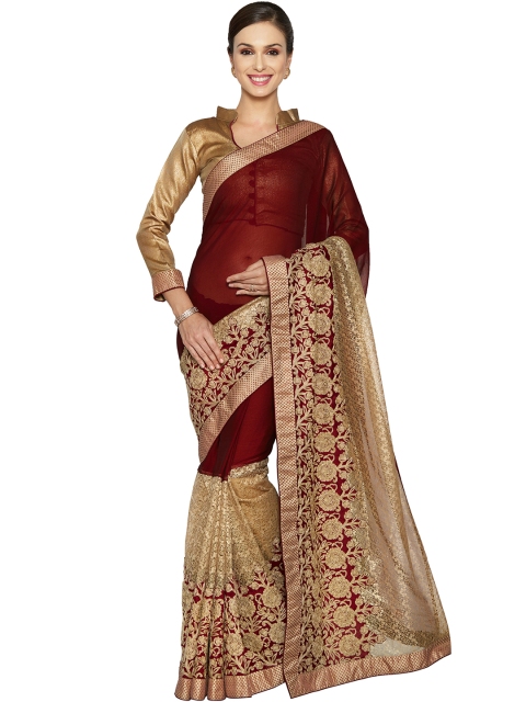 

Indian Women Maroon & Golden Chiffon Embroidered Saree