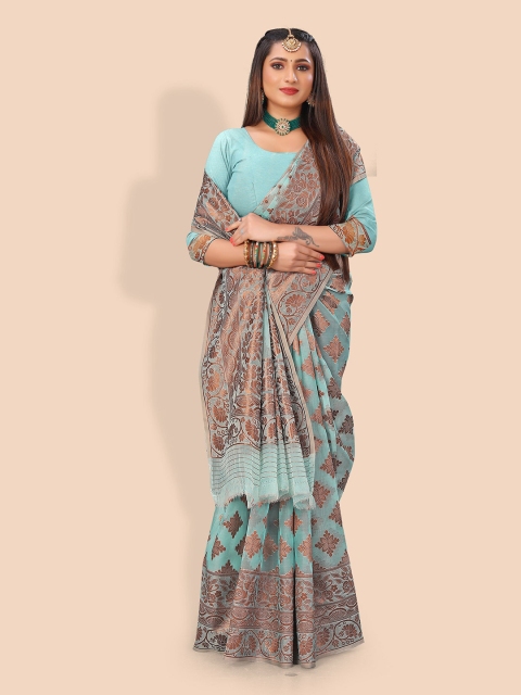

Rivana Turquoise Blue & Gold-Toned Floral Zari Organza Banarasi Saree