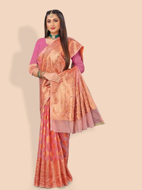 

Rivana Pink & Gold-Toned Ethnic Motifs Zari Organza Banarasi Saree