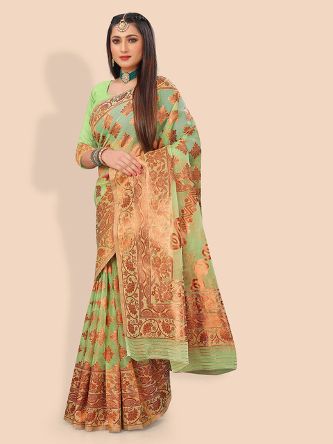 

Rivana Green & Gold-Toned Woven Design Zari Organza Banarasi Saree