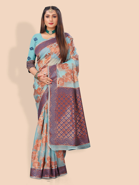 

Rivana Turquoise Blue & Gold-Toned Floral Zari Organza Banarasi Saree