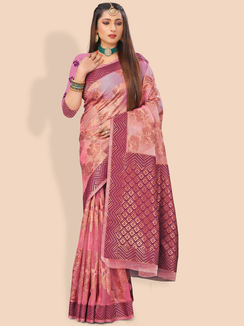 

Rivana Pink & Gold-Toned Floral Zari Organza Banarasi Saree