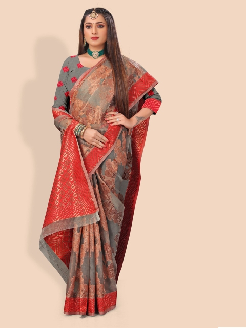 

Rivana Grey & Orange Ethnic Motifs Zari Organza Banarasi Saree