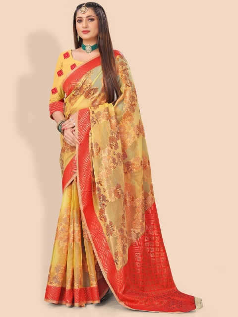 

Rivana Yellow & Red Ethnic Motifs Zari Organza Banarasi Saree