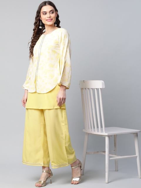 

Ahalyaa Women Off White Floral Layered Kurti with Palazzos