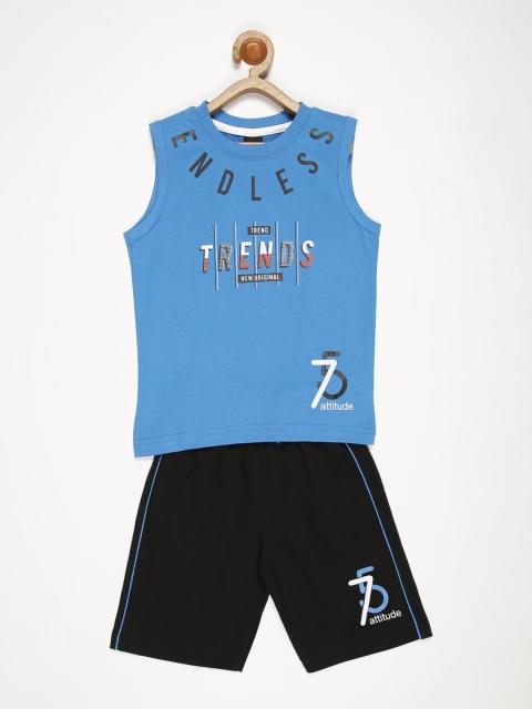 

V2 Value & Variety Boys Blue & Black Printed Cotton T-shirt with Short