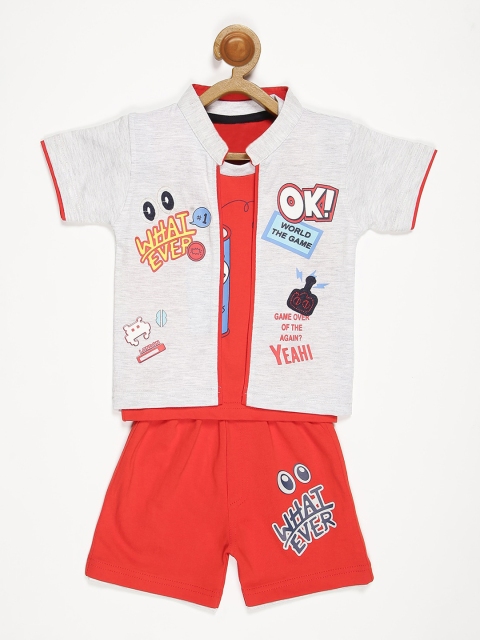 

V2 Value & Variety Boys Pure Cotton Red & White Printed T-shirt and Shirt with Shorts