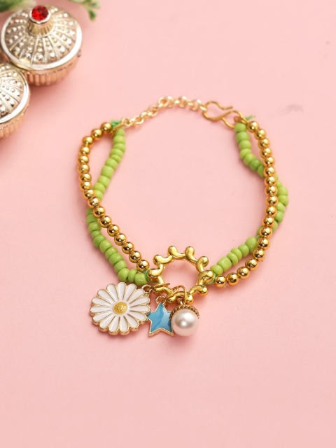 

Aapno Rajasthan Kids Green & Gold-Toned Star and Beaded Lumba Rakhi