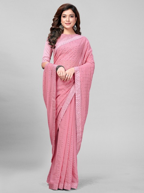 

Granthva Fab Pink Georgette Sequinned Ready to Wear Saree
