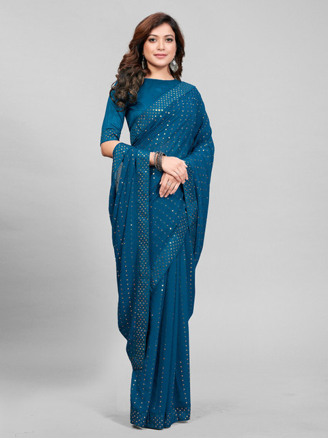 

Granthva Fab Teal Sequinned Ready to Wear Saree