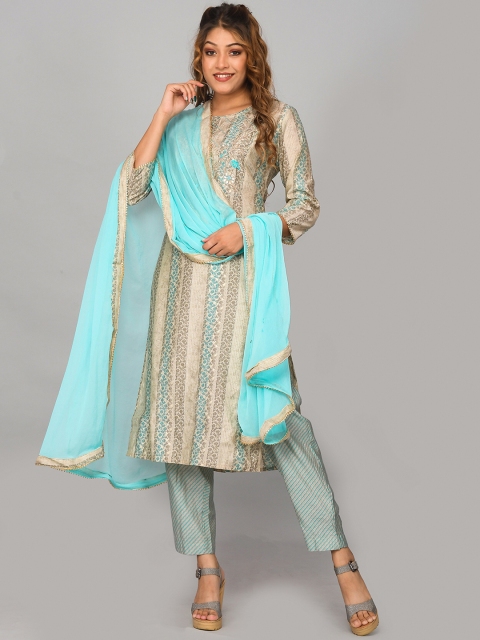 

Kesarya Women Blue Embroidered Pure Silk Kurta with Trousers & With Dupatta