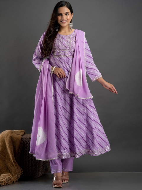 

Kesarya Women Purple Bandhani Leheriya Cotton Kurta with Trousers & With Dupatta