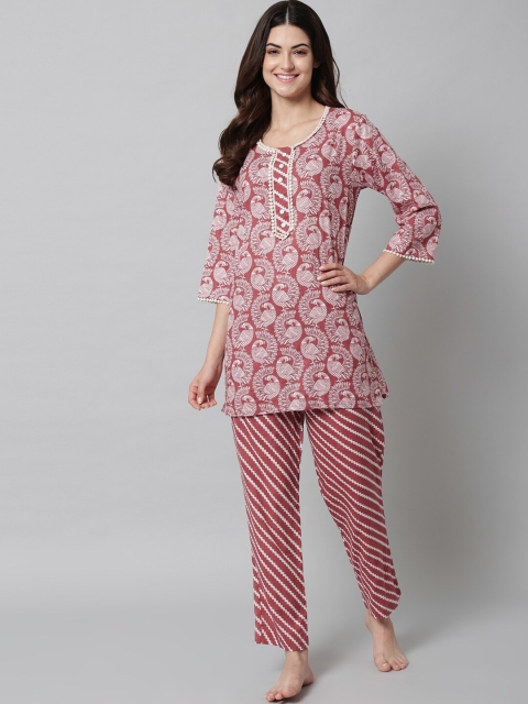 

SEPHANI Women Pink & White Printed Cotton Night Suit