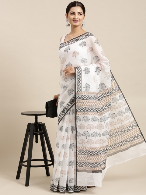 

The Chennai Silks White & Grey Floral Pure Cotton Fusion Saree