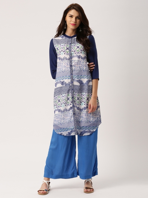 

IMARA Women Blue & White Printed Straight Kurta