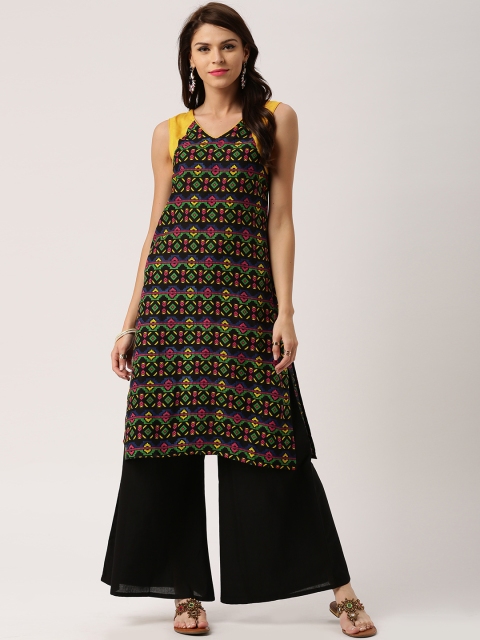 

IMARA Women Black & Yellow Printed Straight Kurta
