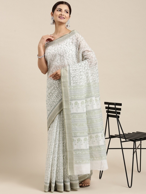 

The Chennai Silks Women White & Green Floral Pure Cotton Fusion Saree