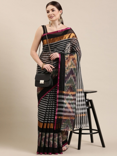 

The Chennai Silks Women Black & Gold-Toned Striped Pure Cotton Venkatgiri Saree