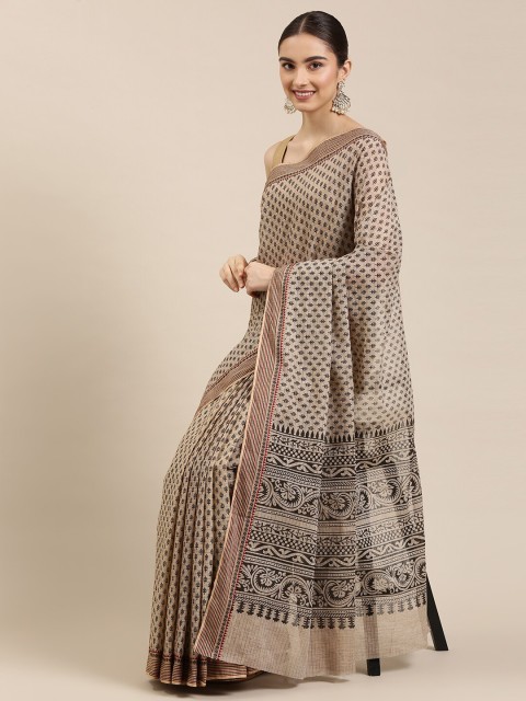 

The Chennai Silks Women Beige Floral Zari Pure Cotton Chanderi Saree