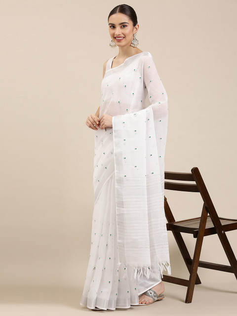 

The Chennai Silks White & Silver-Toned Floral Embroidered Linen Blend Saree