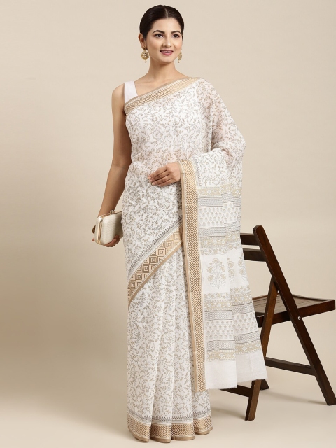 

The Chennai Silks White & Gold-Toned Floral Pure Cotton Saree