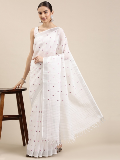 

The Chennai Silks White & Pink Floral Zari Linen Blend Saree