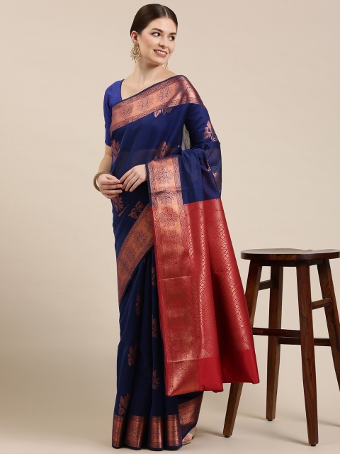 

The Chennai Silks Navy Blue & Red Floral Zari Silk Cotton Fusion Maheshwari Saree