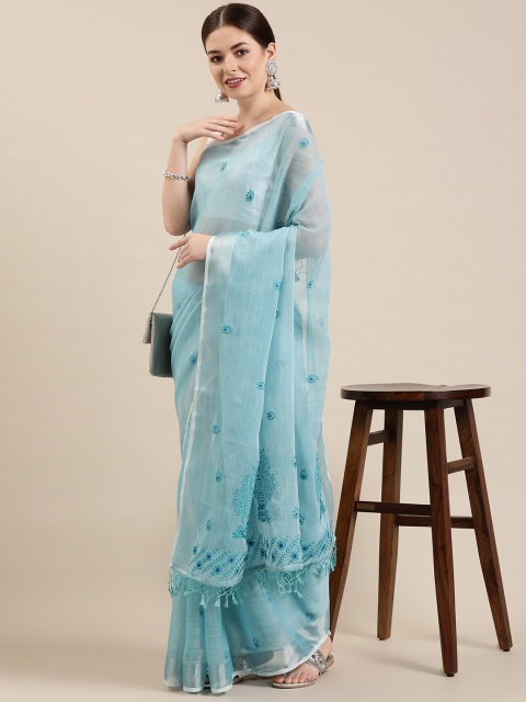 

The Chennai Silks Blue & Silver-Toned Embellished Embroidered Linen Blend Fusion Saree