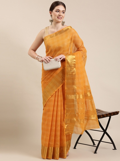 

The Chennai Silks Orange & Gold-Toned Checked Zari Pure Cotton Fusion Venkatgiri Saree