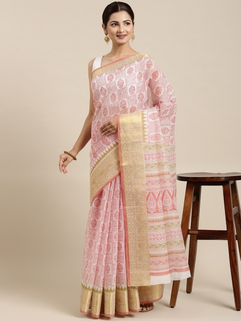 

The Chennai Silks White & Pink Floral Zari Pure Cotton Fusion Saree