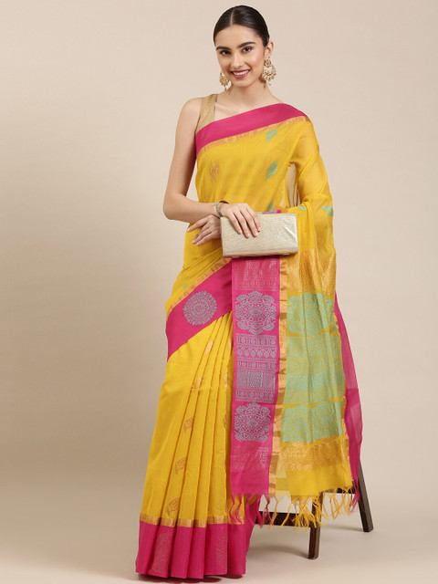 

The Chennai Silks Yellow & Pink Ethnic Motifs Zari Silk Cotton Fusion Maheshwari Saree