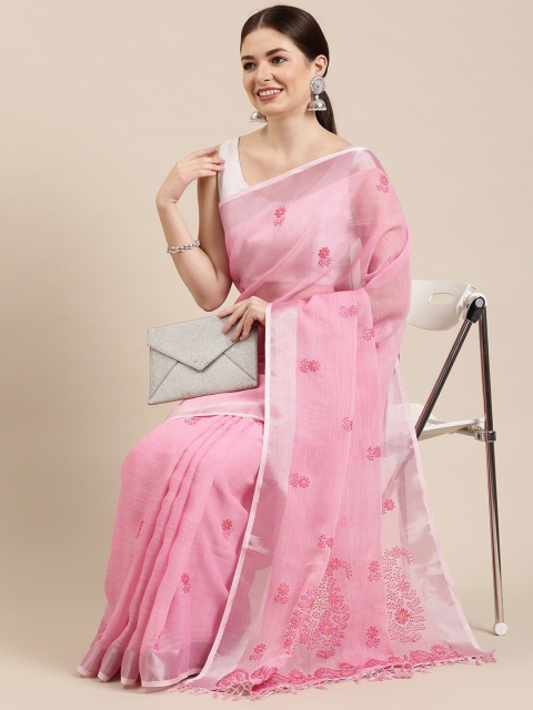 

The Chennai Silks Pink Floral Embroidered Linen Blend Saree