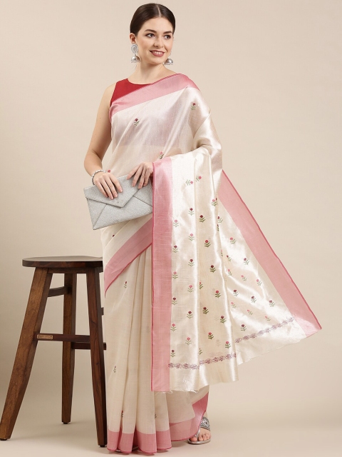 

The Chennai Silks White & Pink Floral Embroidered Banarasi Saree