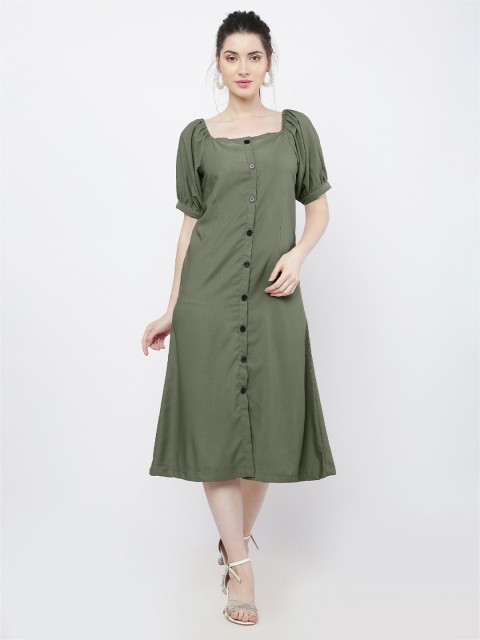 

WinEra Olive Green A-Line Midi Dress