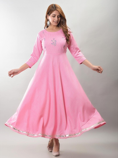 

Etnicawear Women Pink & Green Floral Embroidered Pure Cotton Anarkali Kurta