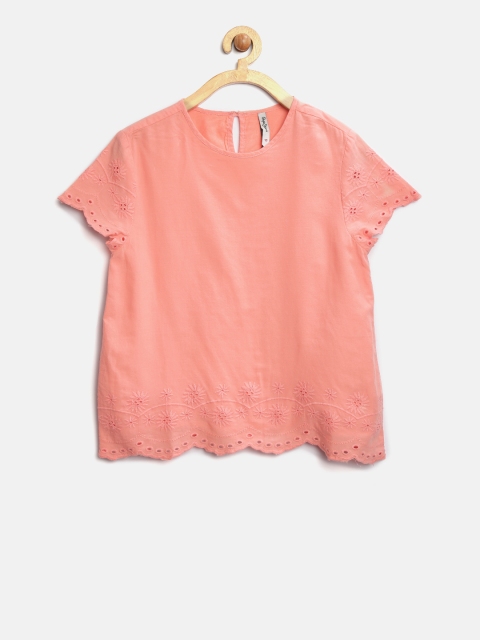 

Pepe Jeans Girls Coral Pink Solid Top with Schiffli Embroidered Detail