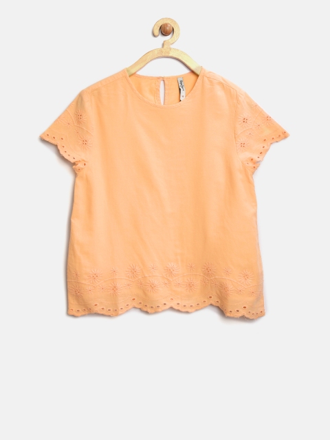 

Pepe Jeans Girls Orange Pure Cotton Top with Schiffli Embroidered Detail