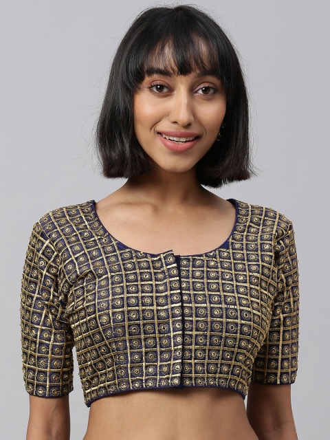 

Fab Viva Navy Blue & Gold-Toned Embroidered Silk Saree Blouse