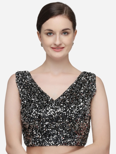 

Fab Viva Women Silver Embroidered Sequinned Work Saree Blouse, Black