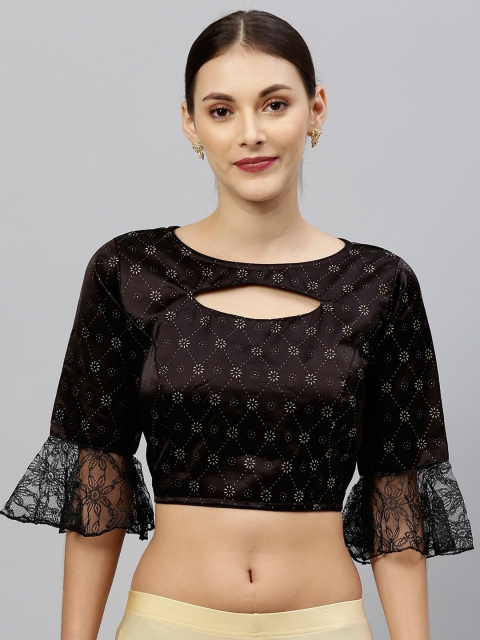 

Fab Viva Women Black Printed Round Neck Silk Saree Blouse