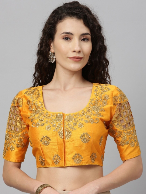 

Fab Viva Women Yellow & Gold-Toned Embroidered Silk Saree Blouse