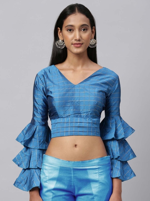 

Fab Viva Women Turquoise Blue Checked Fusion Readymade Saree Blouse
