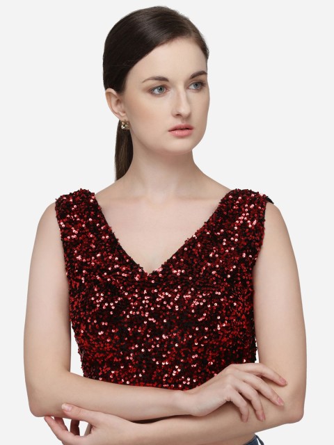 

Fab Viva Women Red & Black Sequined Velvet Saree Blouse
