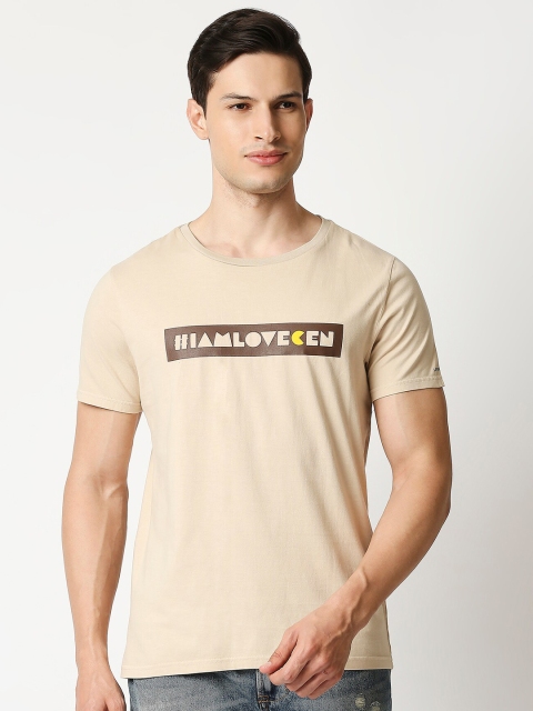 

LOVEGEN Men Cream-Coloured Typography 100% Cotton T-shirt