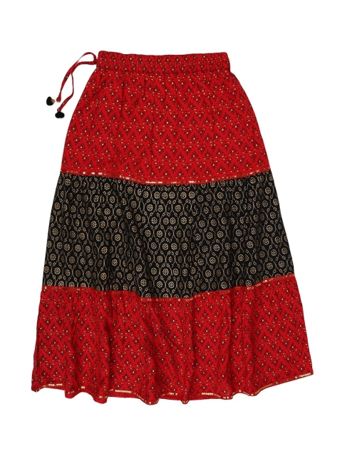

V-Mart Girls Red & Black Ethnic Printed Midi Flared Pure Cotton Skirts