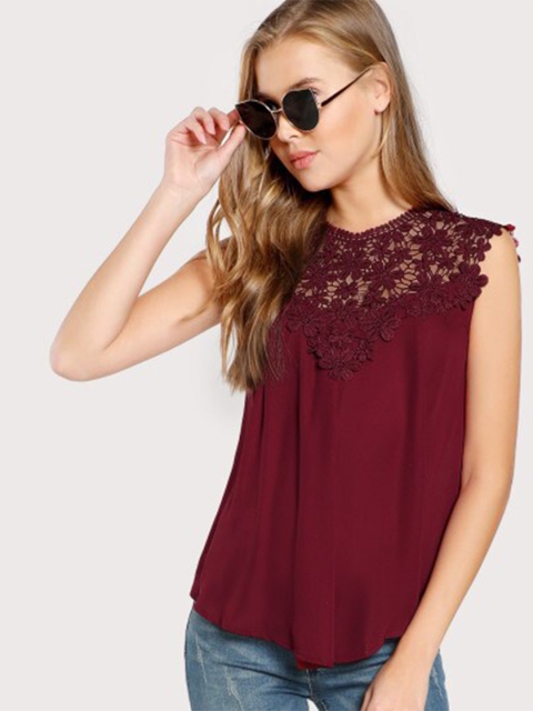 

La Aimee Burgundy Sleeveless Lace Top