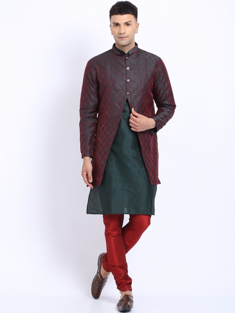

TREEMODA Men Maroon Raw Silk Kurta with Churidar & Jacket