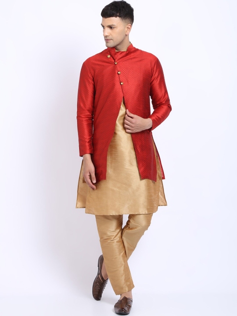 

TREEMODA Men Red Layered Raw Silk Kurta with Churidar