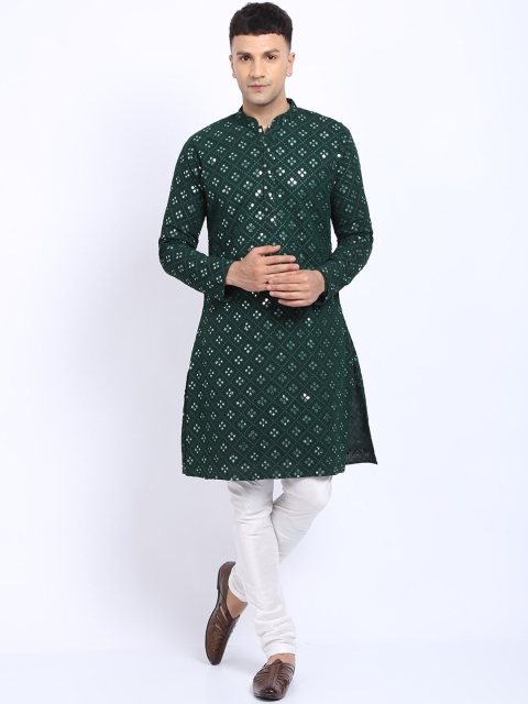 

TREEMODA Men Green Ethnic Motifs Embroidered Mirror Work Silk Georgette Kurta with Pyjamas