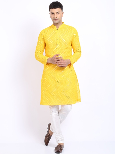 

TREEMODA Men Yellow Embroidered Mirror Work Silk Georgette Kurta with Churidar